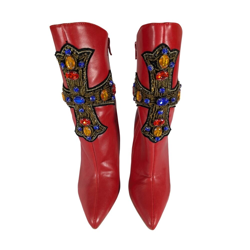 NWOT! FAB ROUGE RED ANKLE BOOTS WITH BEADED & JEWELED, EMBROIDERED CROSS! SZ 6 - Picture 2 of 11